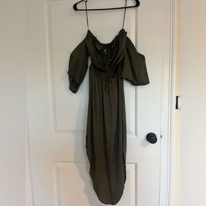 Green off shoulder satin dress